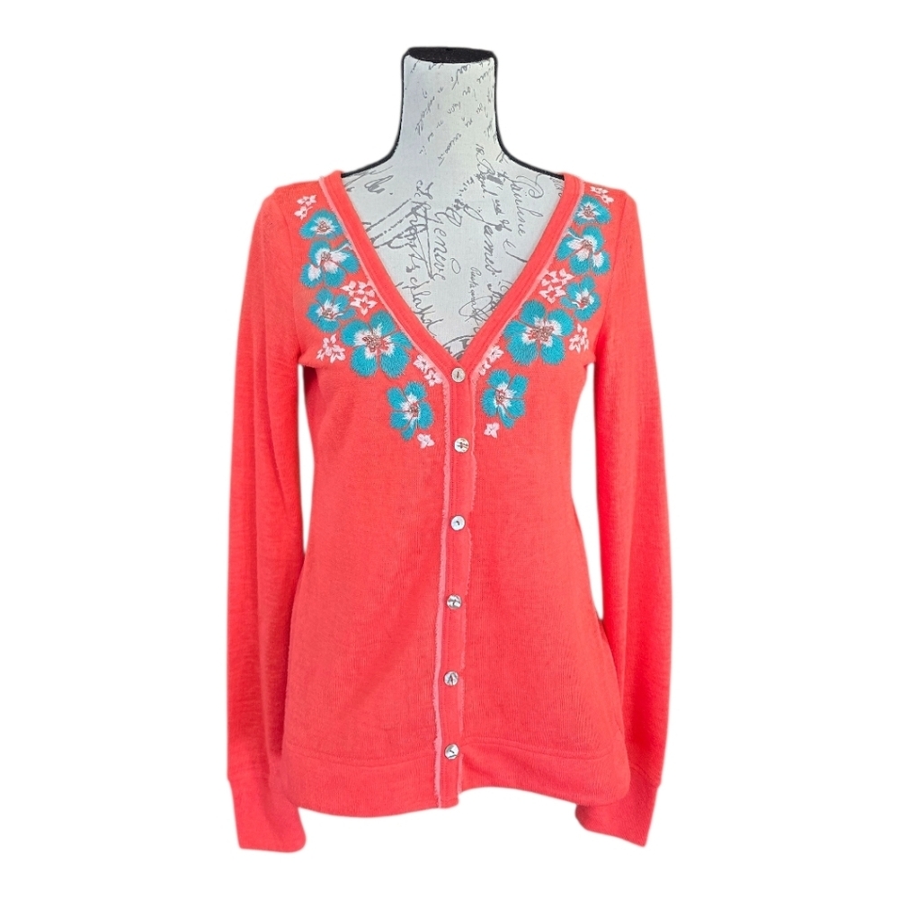 Miss Me Coral Embroidered Long Sleeve Cardigan Sweater S